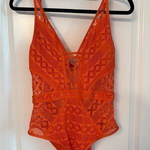 BECCA Orange Lace One Piece Swimsuit with Plunging Neckline